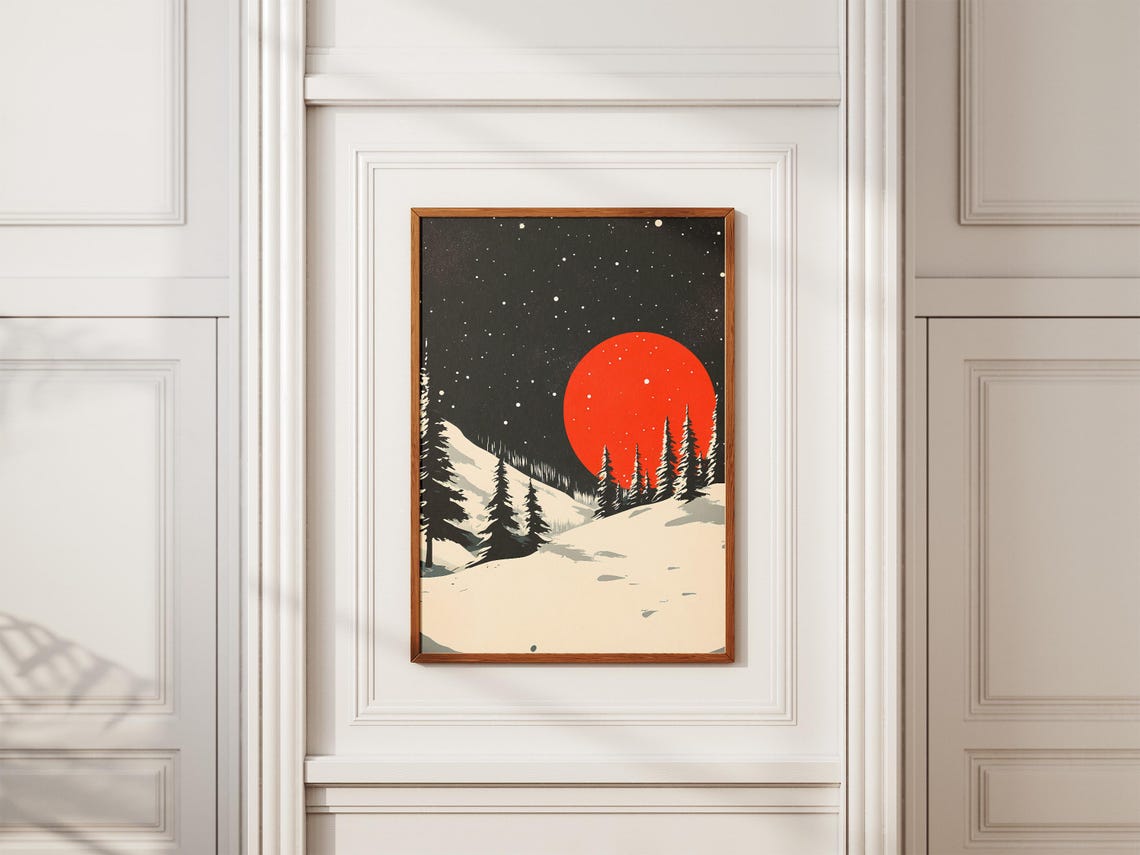 Red Moon Winter Night Snowy Pine Forest Starry Sky Art Poster - Image 2