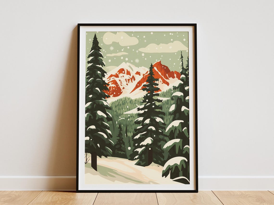 Snowy Pine Forest Framing Red Sunset Peaks Winter Holiday Poster