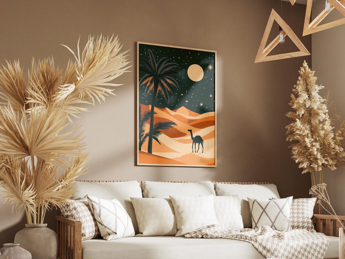 Sahara Camel and Palm Trees Under a Starry Night Desert Poster - Image 3