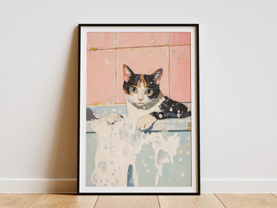 Shorthair Cat Art Print In Bathtub Poster Funny Bathroom Wall Decor Cute Kitten Artwork Whimsical Animal For Lovers