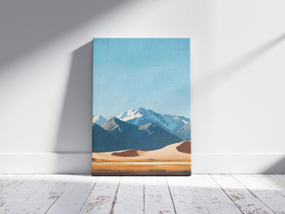 Sand Dunes Before Snow Capped Mountain Peaks Blue Sky Poster - Image 2