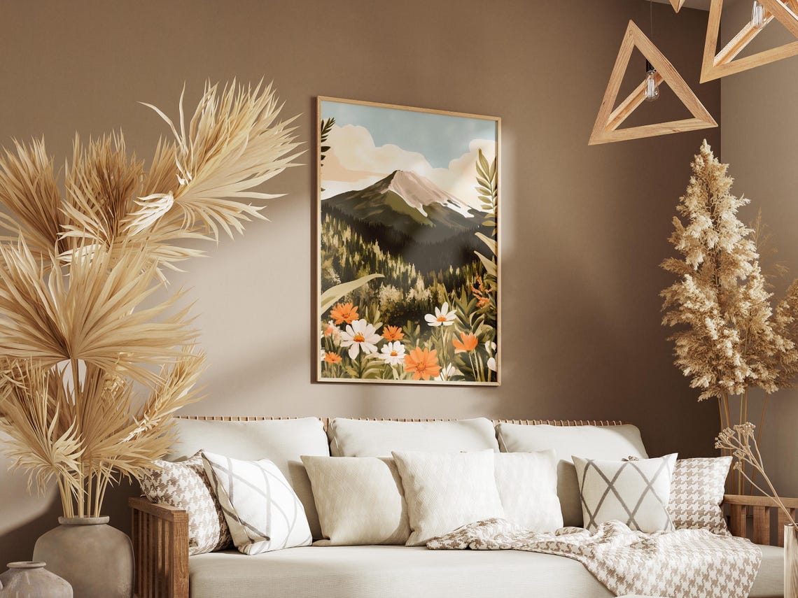 Snow Capped Mountain Peak Pine Forest Wildflowers Meadow Art Poster - Image 3