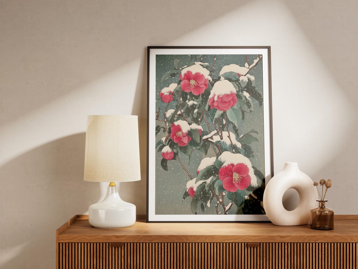 Red Camellia Blossoms Under Falling Snow Japanese Woodblock Poster - Image 5