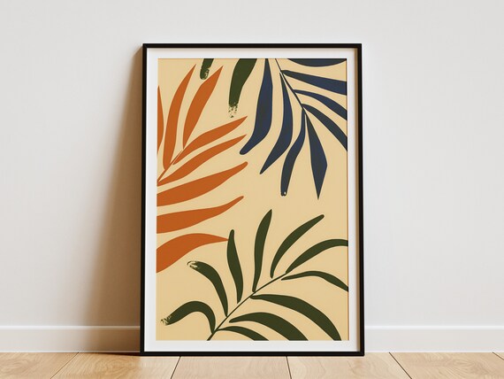 Minimalist Palm Leaf Poster Abstract Botanical Art Print Green Blue Orange Wall Decor Midcentury Modern