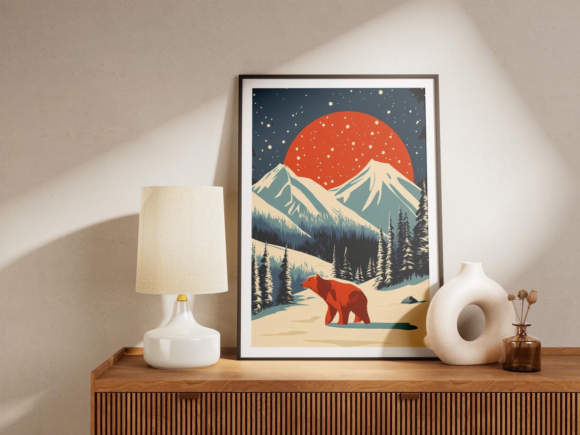 Katmai Red Bear Walking in Snow Under a Giant Red Sun Poster - Image 5