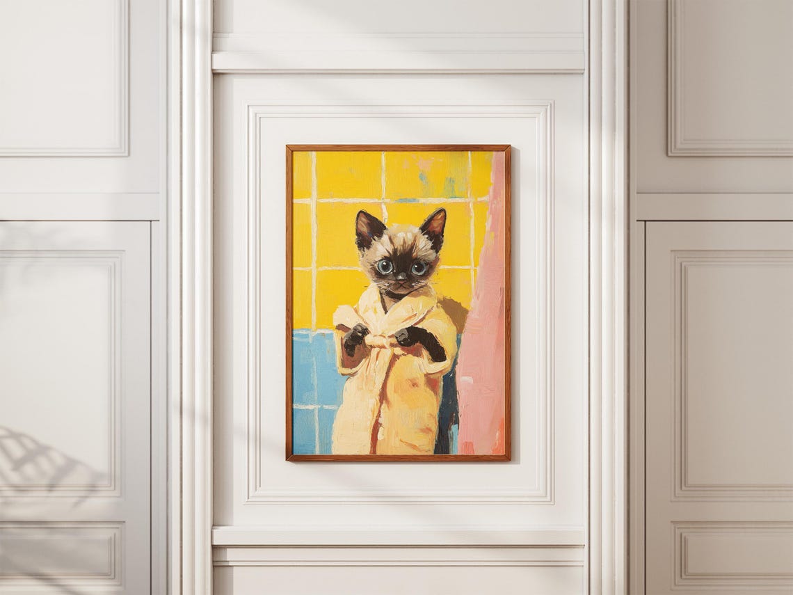 Siamese Kitten in Cream Bathrobe Yellow Tile Cute Cat Bathroom Poster - Image 2