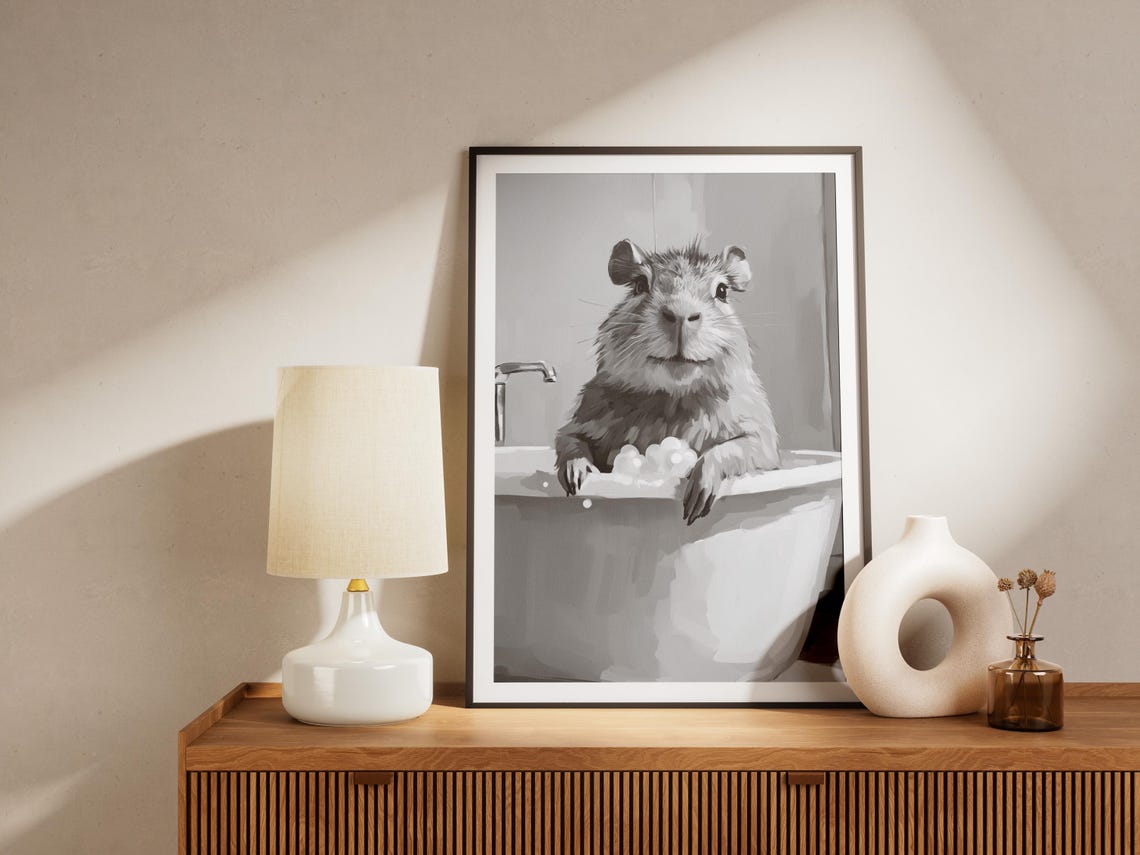 Capybara In A Bubble Bath Black And White Bathroom Art Poster - Image 4