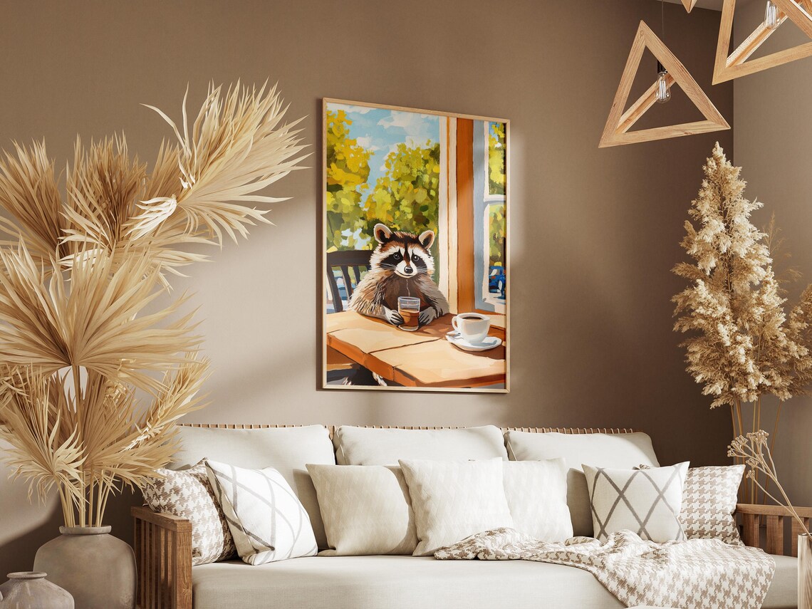 Raccoon Enjoying Coffee At A Wooden Cafe Table By Window Poster - Image 3