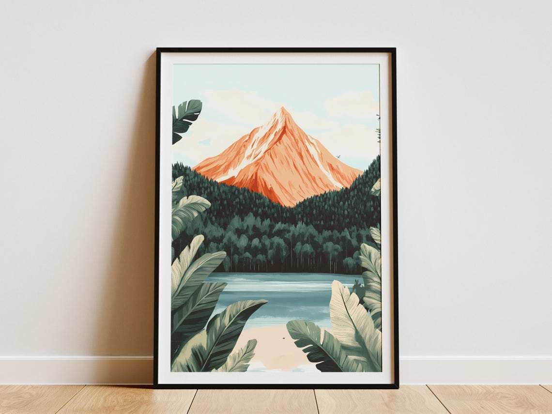 Orange Mountain Peak Above Pine Forest Lake Tropical Leaves Poster