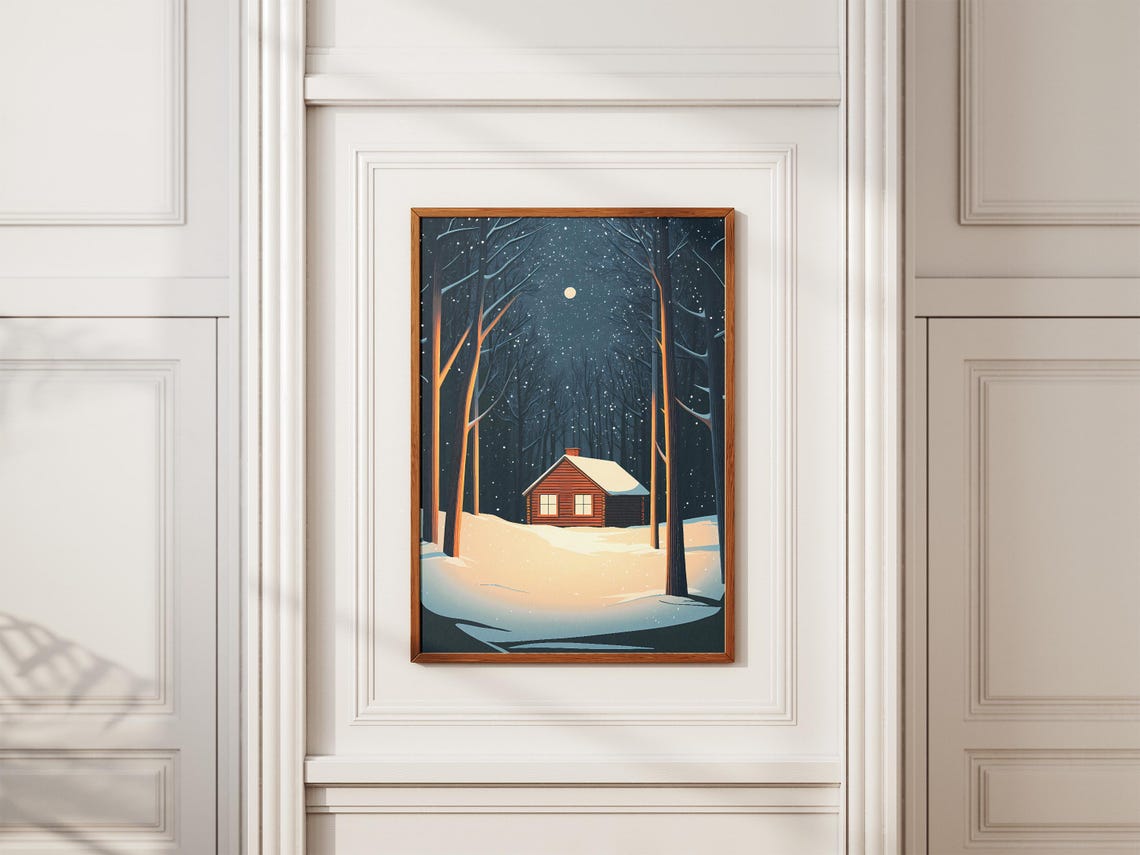 Cozy Red Cabin in a Snowy Moonlit Forest on a Winter Night Poster - Image 2