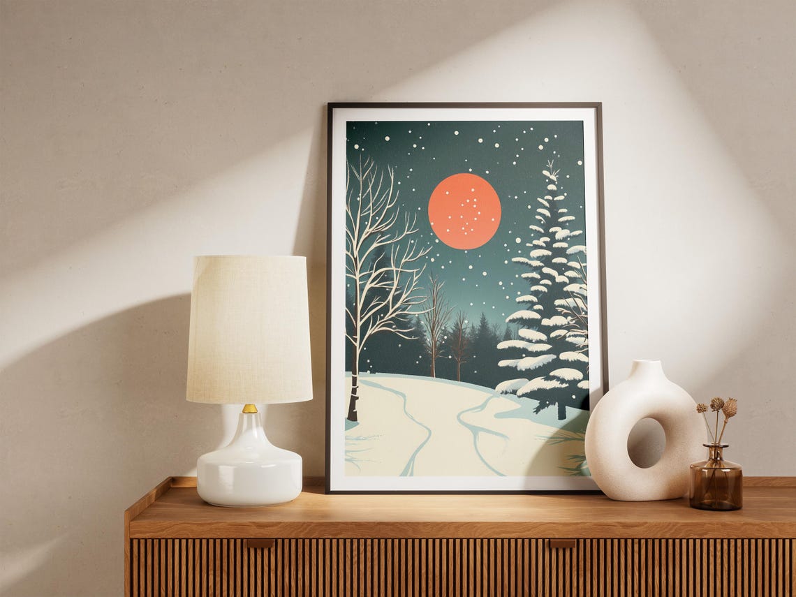 Snowy Winter Forest Under a Red Moon with Falling Snow Poster - Image 5
