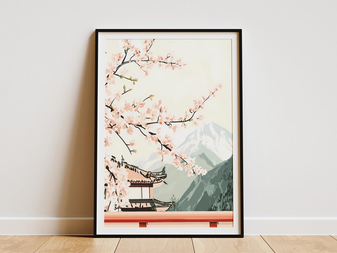 Japanese Temple Cherry Blossom Mount Fuji Spring Travel Poster