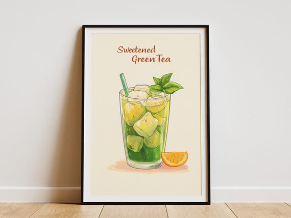 Sweetened Iced Green Tea Drink Poster Flat Illustration Green Tea Drink Art Print Summer Drink Beverage Cafe Menu Wall Decor Kitchen Decor