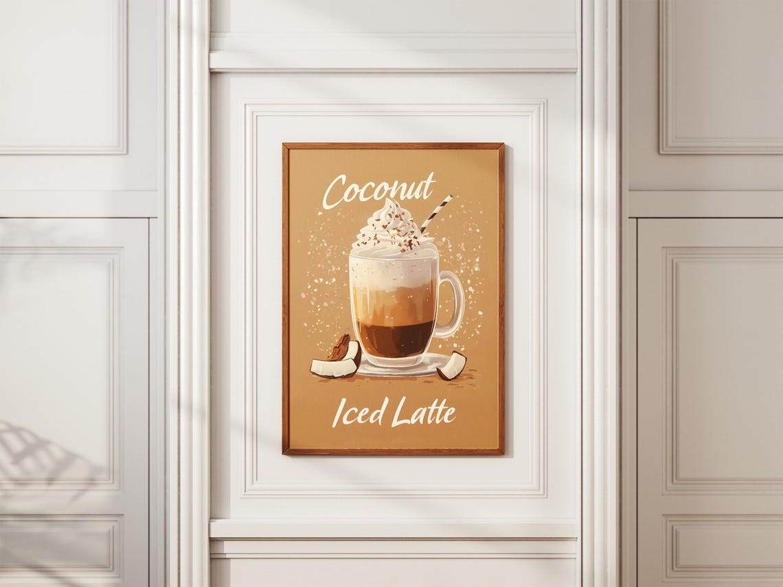 Coconut Iced Latte Tropical Summer Drink Retro Cafe Menu Poster - Image 2