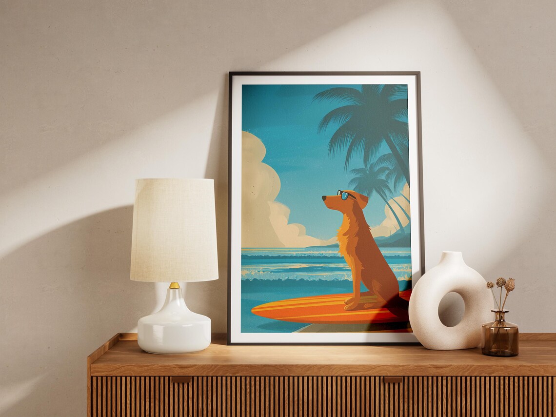 Surfer Dog Sunglasses Orange Surfboard Beach Tropical Art Poster - Image 4