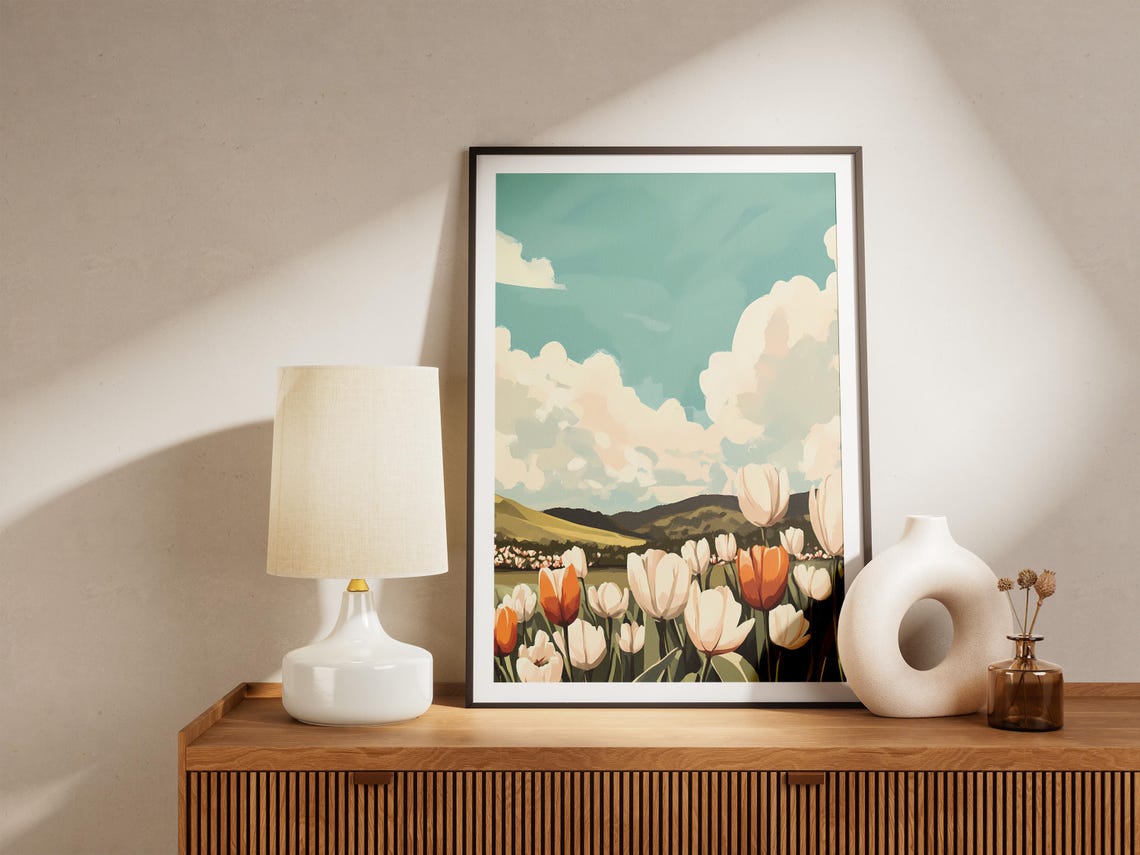 White And Orange Tulip Field Cloudy Teal Sky Blooming Spring Poster - Image 5