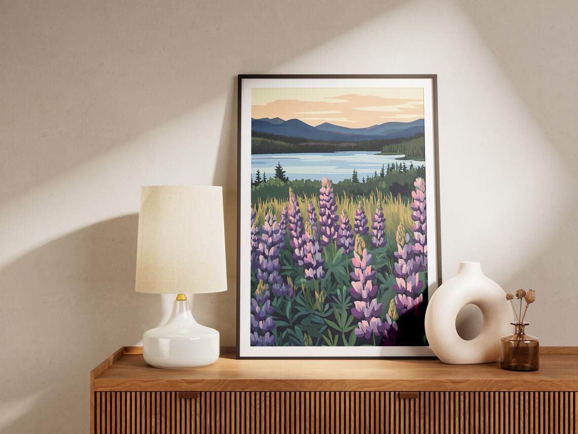 Purple Lupine Flower Field Lake Mountain Sunset Landscape Poster - Image 5