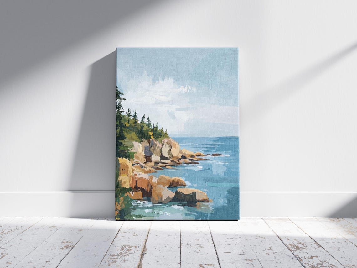 Rocky Coastal Cliffs Pines and Ocean Waves Coastal Art Poster - Image 2