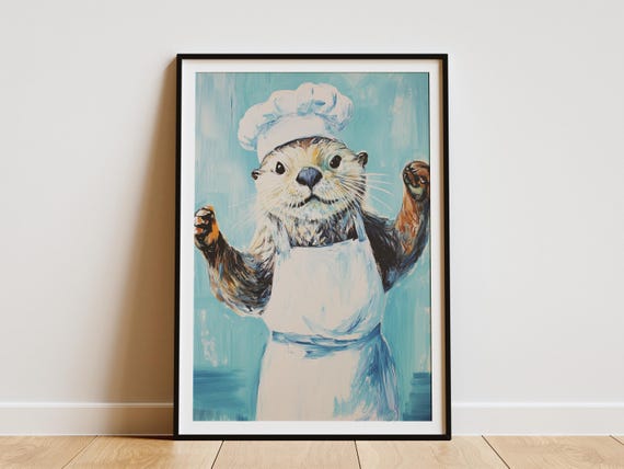 Sea Otter Chef Art Print Kitchen Wall Decor Animal Poster Cute Gift Funny Cooking Whimsical Idea