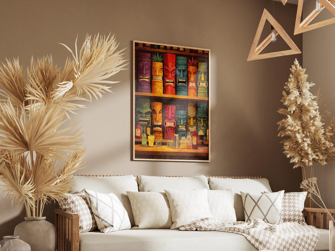 Colorful Tiki Bar Mugs Shelves Retro Tropical Cocktail Poster - Image 3