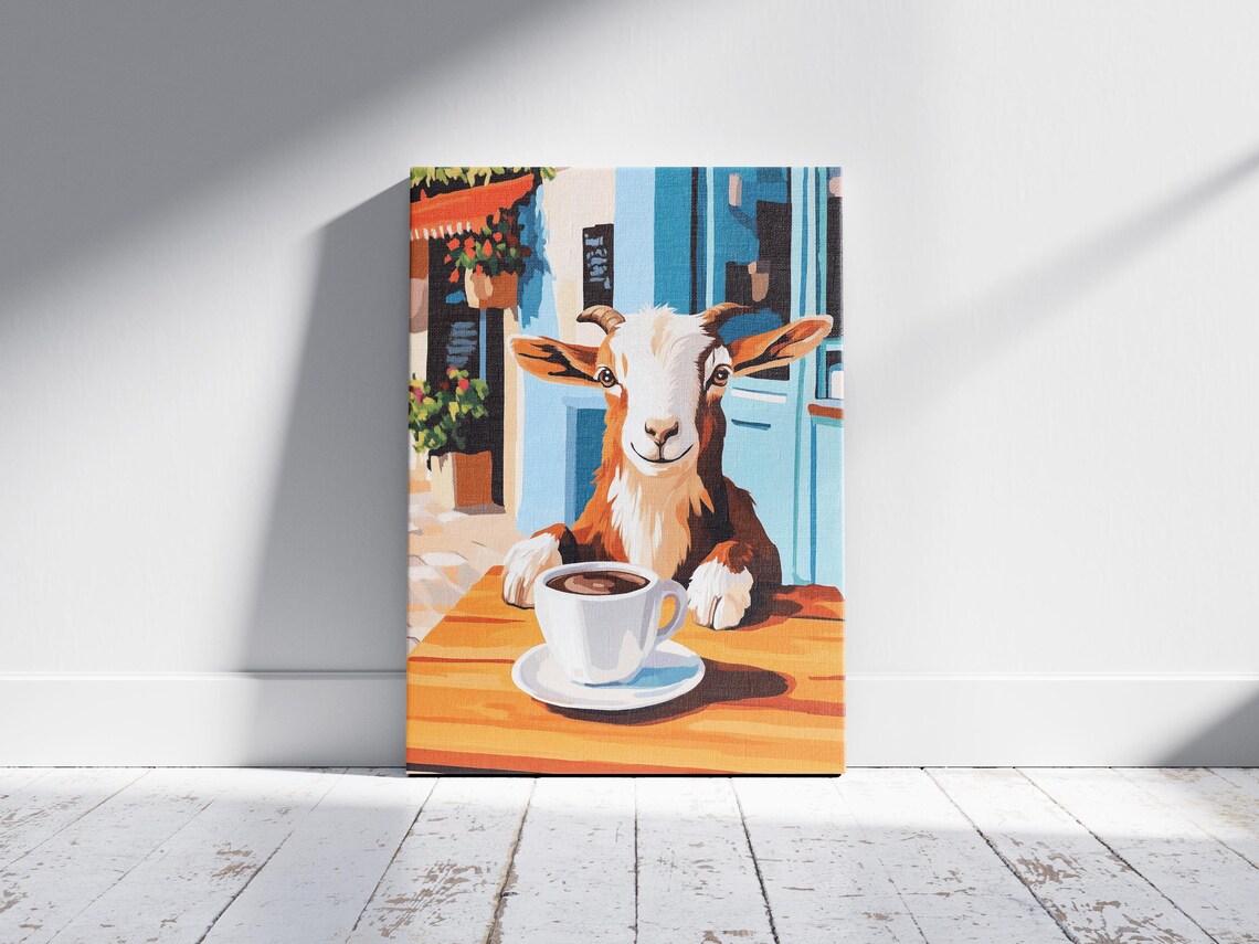 Smiling Goat with Coffee at a Sunny Mediterranean Street Cafe Poster - Image 2