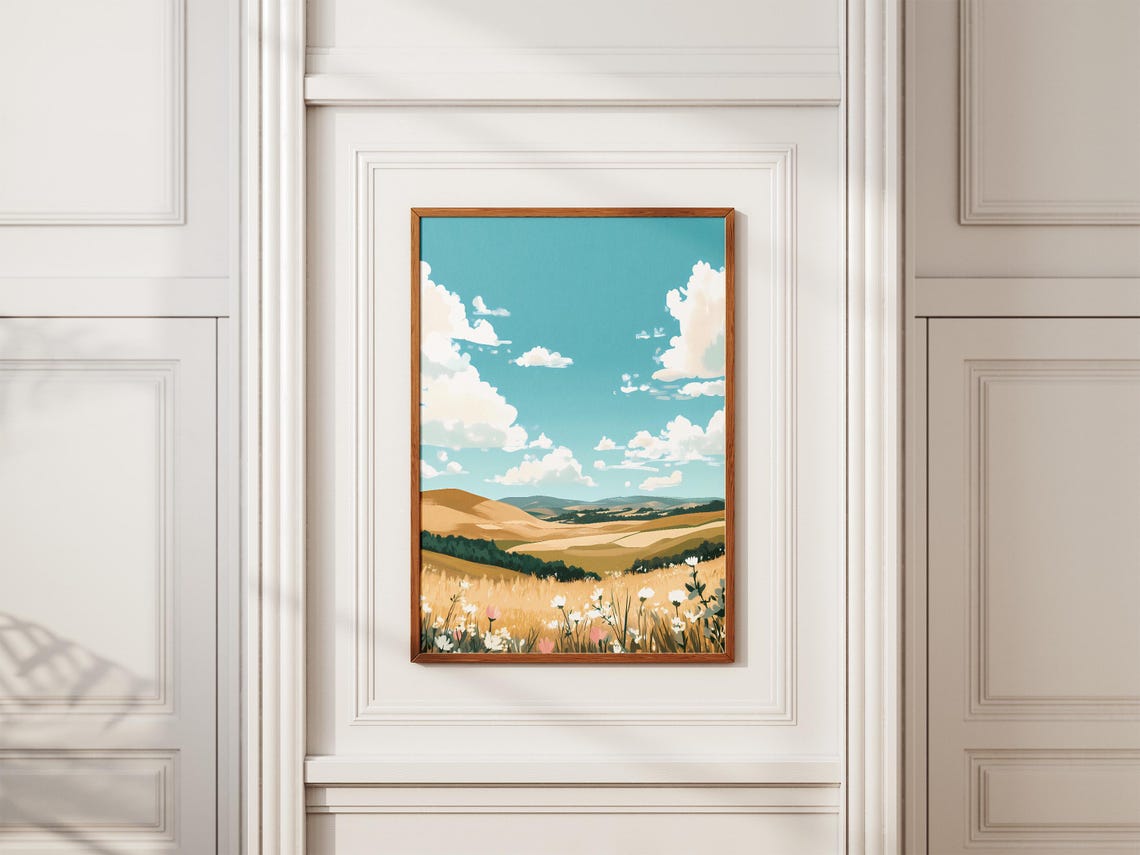 Golden Wheat Fields Under Big Clouds Summer Landscape Art Poster - Image 2