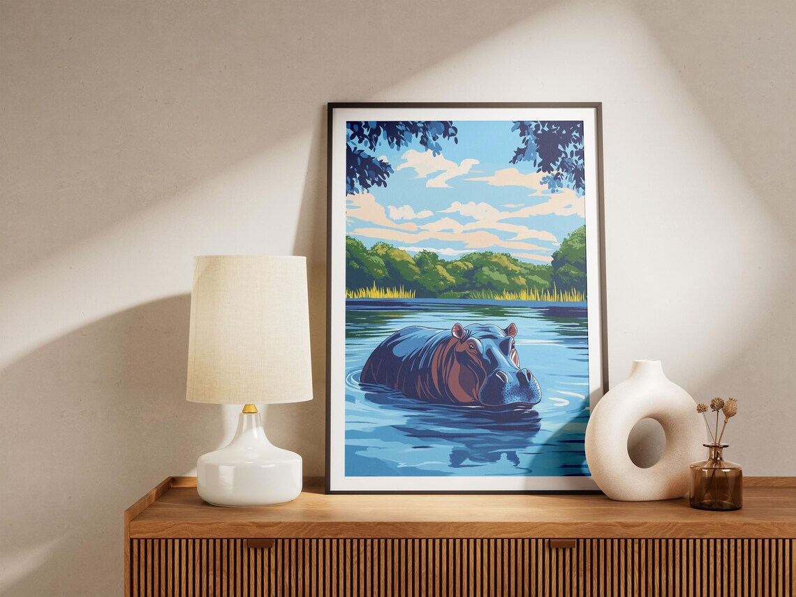 Hippopotamus River Lush Jungle African Safari Wildlife Poster - Image 4