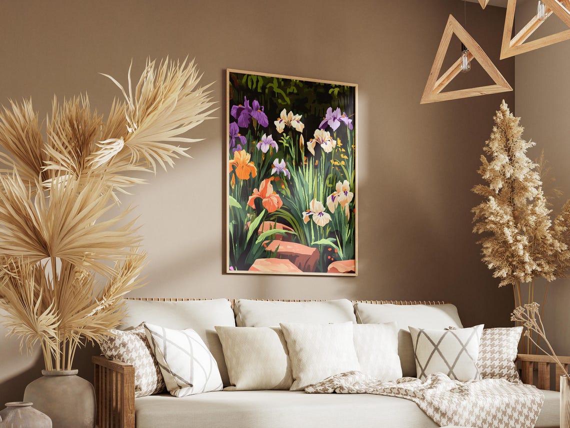 Multicolor Iris Garden Bed Poster With Purple White and Orange Blooms - Image 3