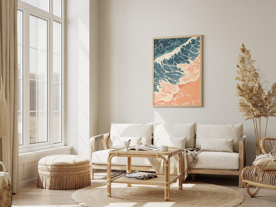 Aerial Ocean Foam Swirls in Teal and Peach on a Sandy Shore Poster - Image 4