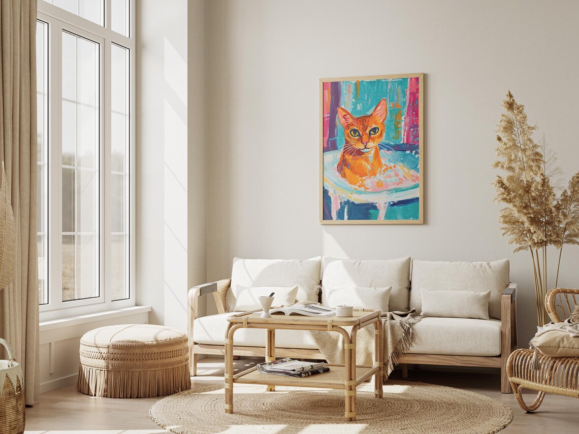 Orange Cat in a Colorful Bathtub Splash Modern Pet Art Poster - Image 3