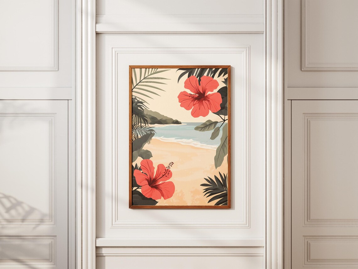 Tropical Beach Poster With Big Red Hibiscus Flowers and Ocean View - Image 2