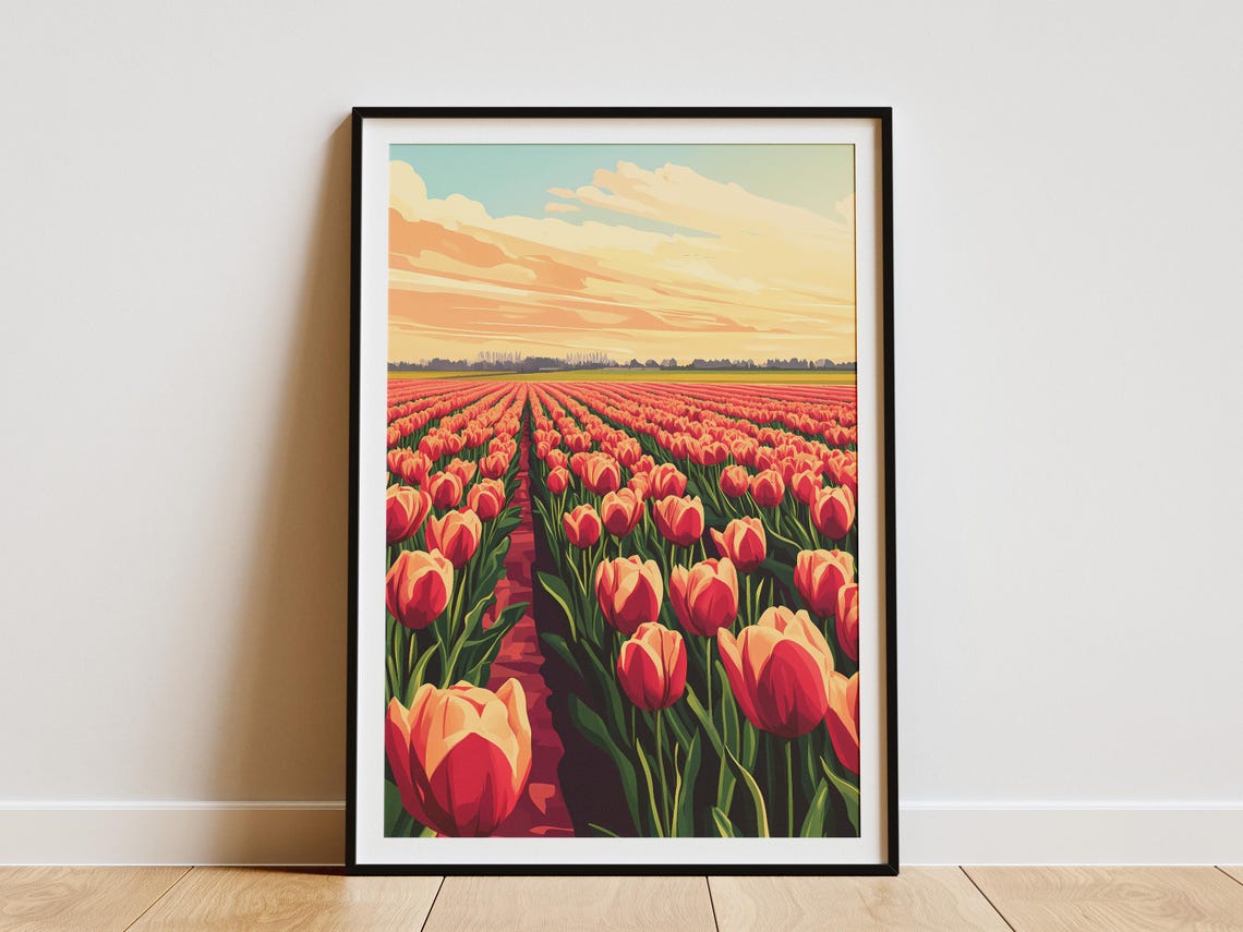 Sunset Tulip Field Orange Tulips Flower Farm Landscape Poster