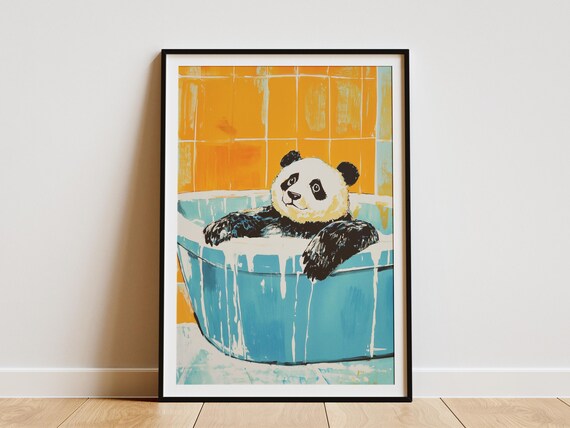 Happy Panda Soaking In Blue Bubble Bath Orange Bathroom Poster