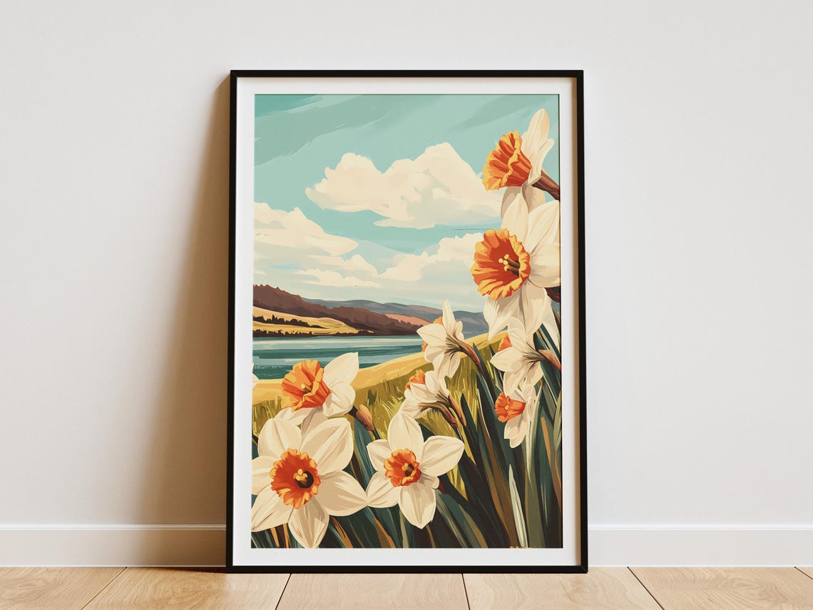 Fresh White Daffodils By The Lake Spring Day Landscape Poster