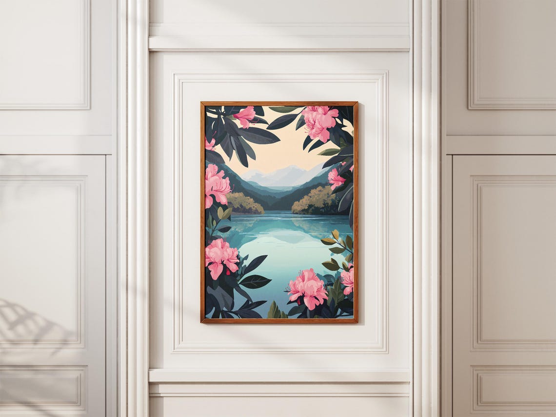Mountain Lake Pink Rhododendron Natural Frame Scenic Art Poster - Image 2