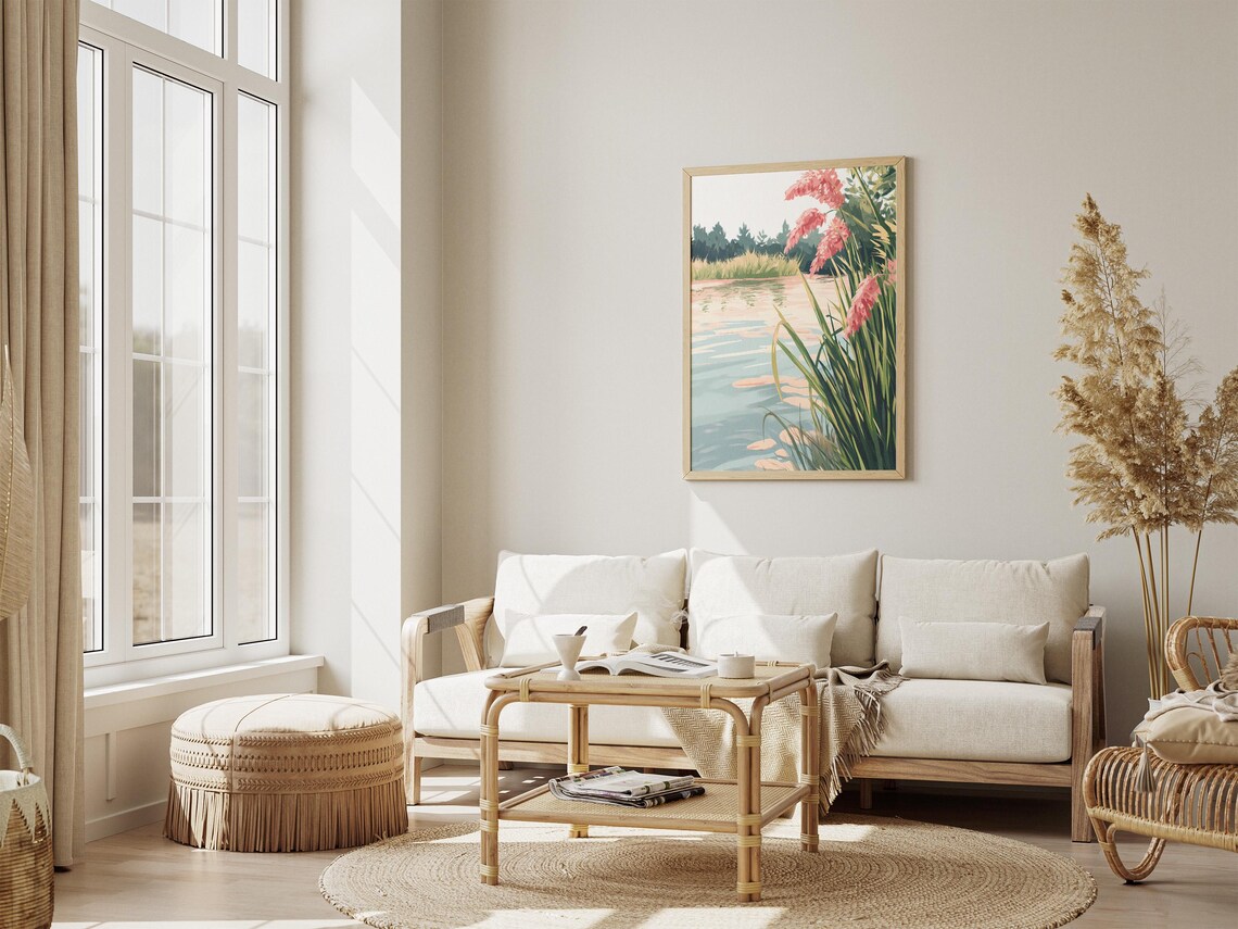 Pink Pampas Grass Swaying Beside a Tranquil Blue Lake Poster - Image 4