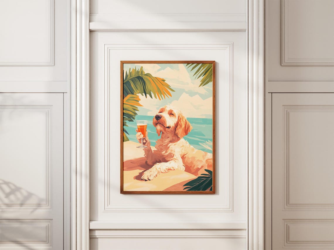 Labradoodle Dog Beach Poster Summer Dog Art Print Cute Puppy By The Ocean Dog Lover Gift Dog Wall Decor Pet Portrait Coastal Dog Tropical - Image 2