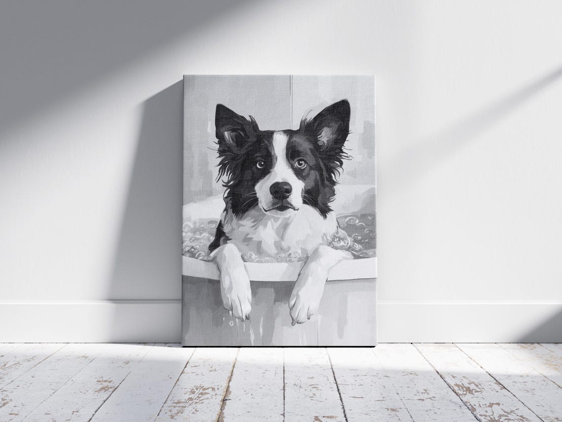 Border Collie Dog In Bathtub Black and White Funny Art Poster - Image 2