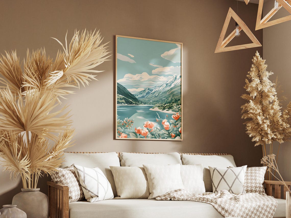 Turquoise Alpine Lake With Orange Tulips Beneath Snowy Peaks Poster - Image 3