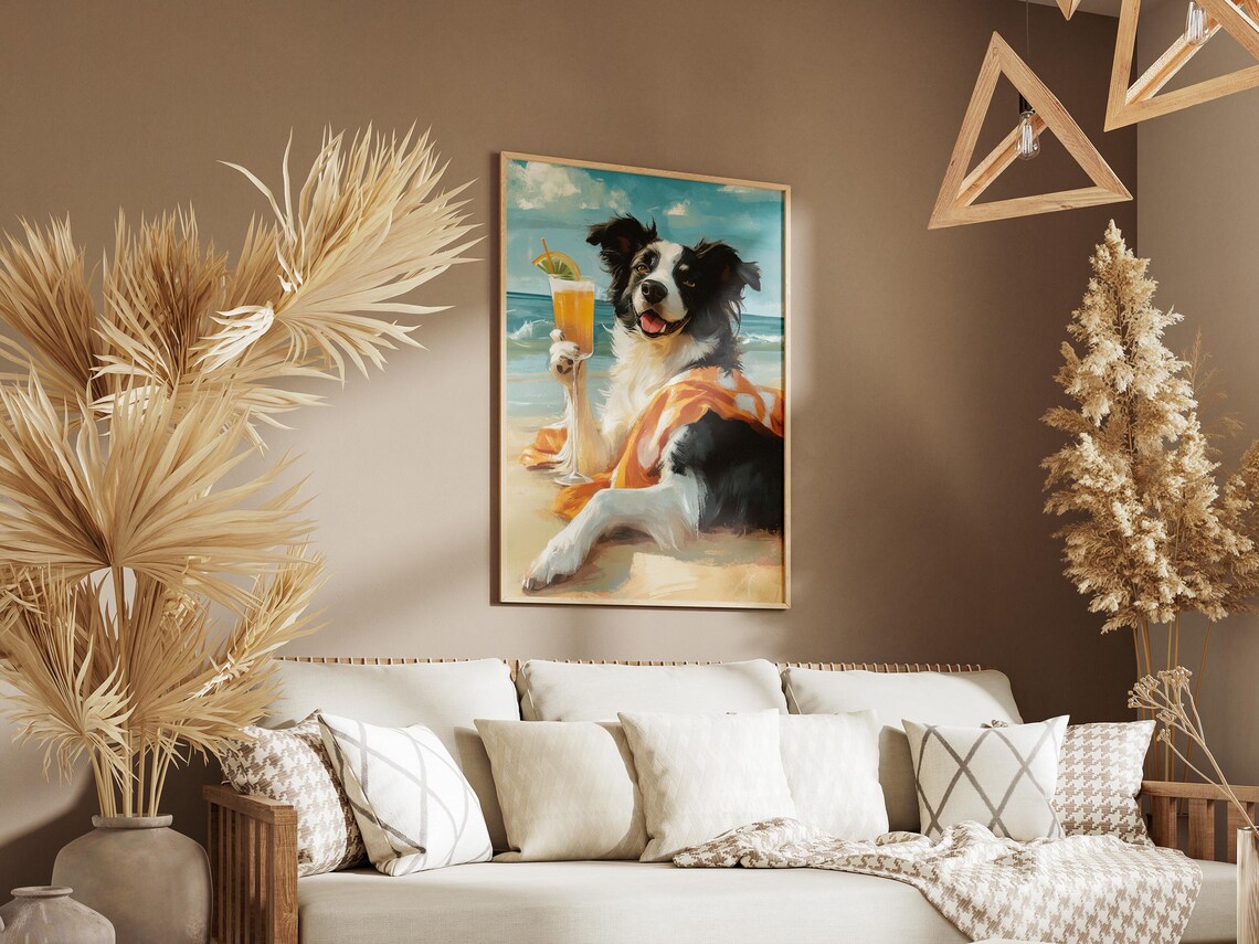 Beach Dog Poster Border Collie Cocktail Print Summer Dog Art Funny Dog Canine Art Pet Lover Gift Modern Dog Print Coastal Animal Decor - Image 3