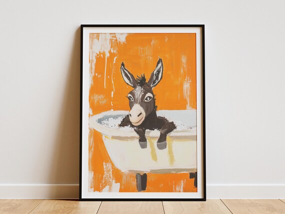 Donkey In A Bathtub Paper Print Funny Animal Art Modern Bathroom Decor Orange And White Cute Donkey Poster Whimsical Animal Illustration