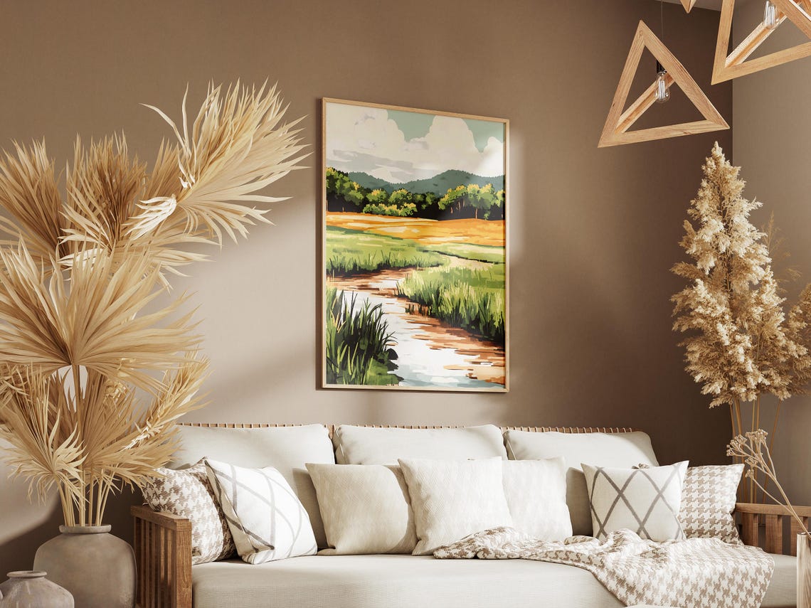 Meadow Stream Flowing Through Green Fields Pastoral Landscape Poster - Image 3