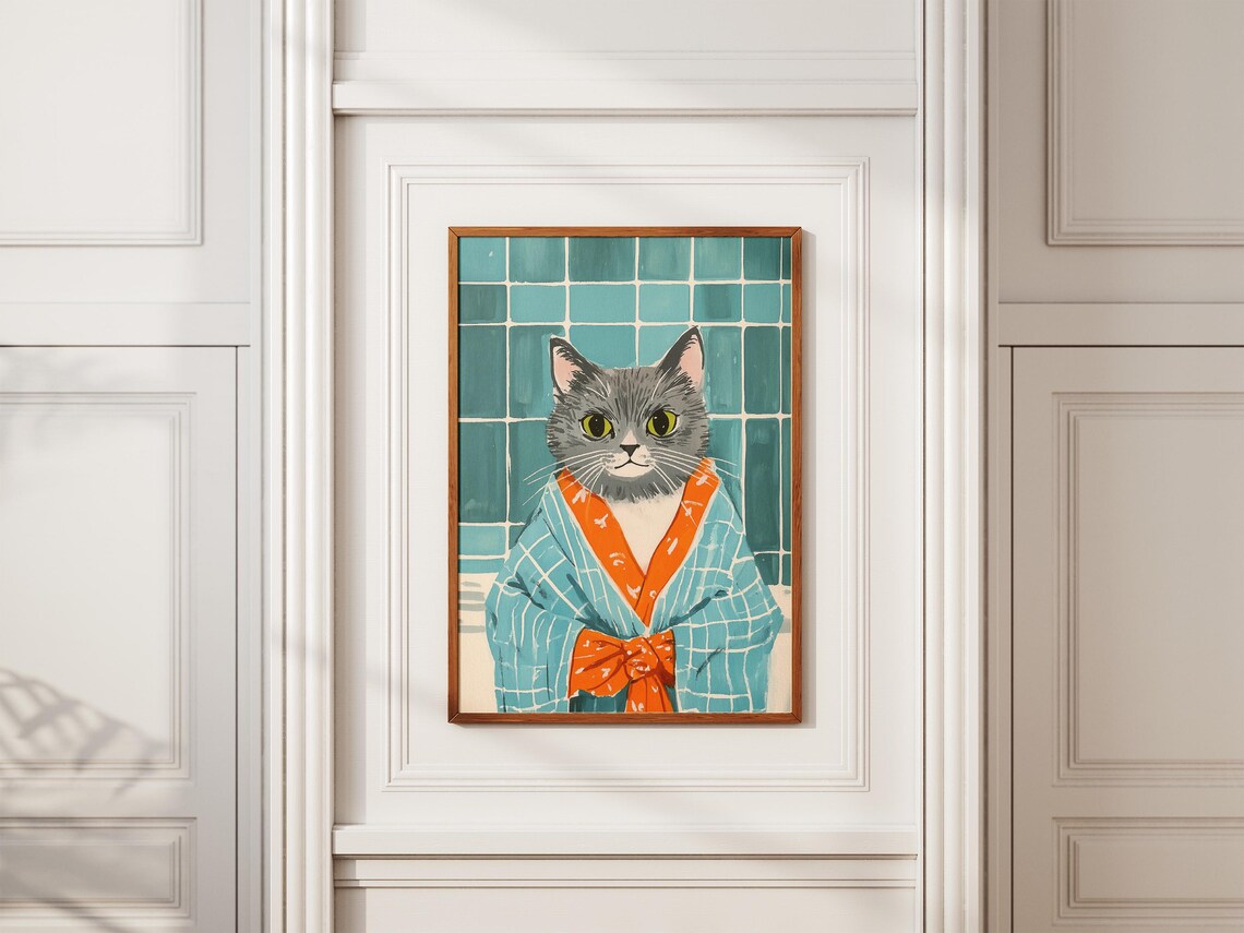 Gray Cat In Blue Robe Poster Funny Whimsical Pet Art For Bathroom Decor - Image 2