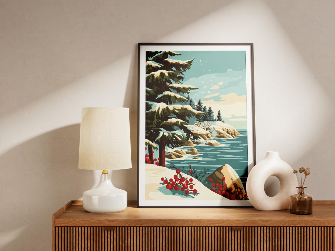 Snowy Coastal Pines With Red Berries Above Teal Water Art Poster - Image 5