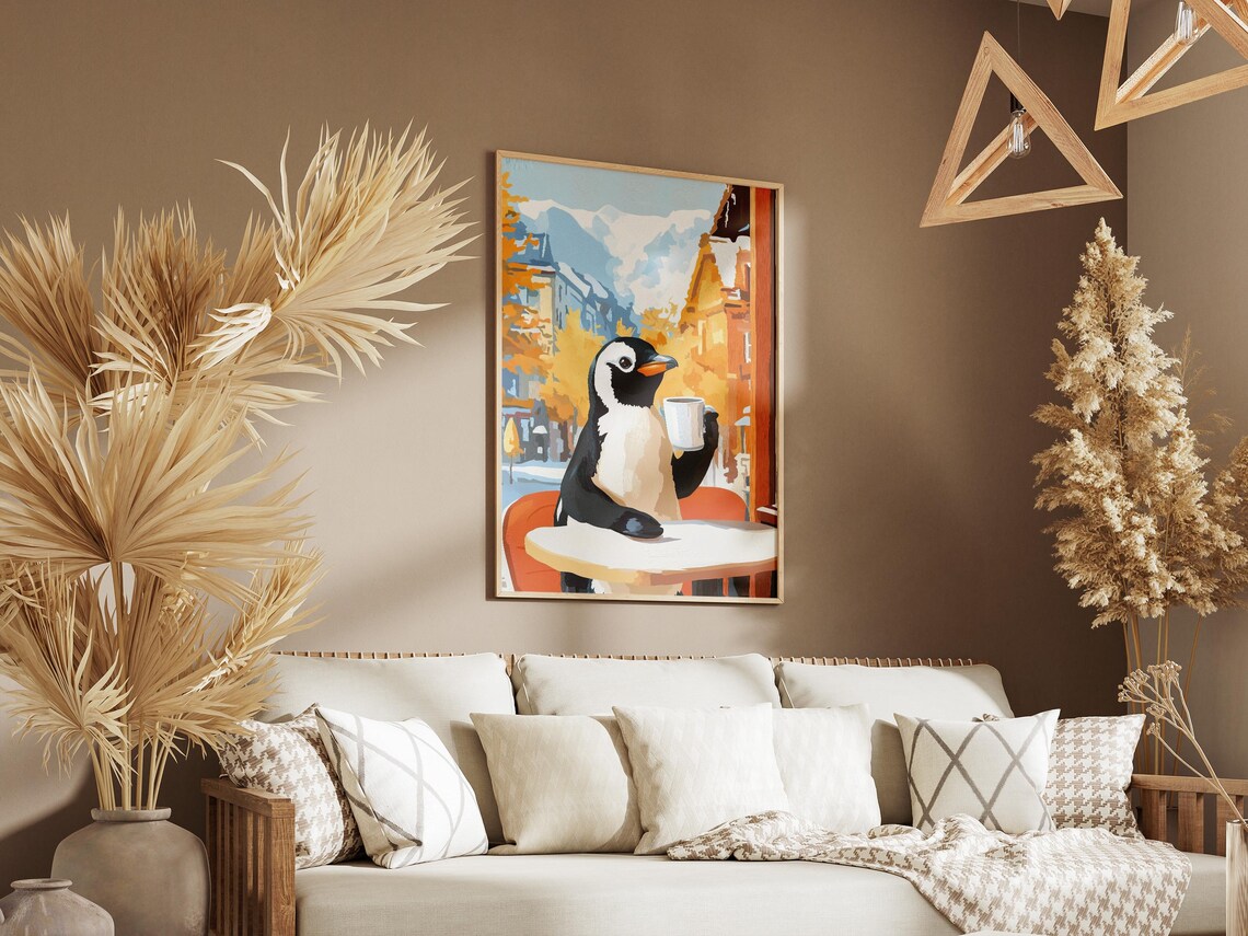 Penguin Cafe Coffee Art Print, Cozy Animal Illustration - Image 3