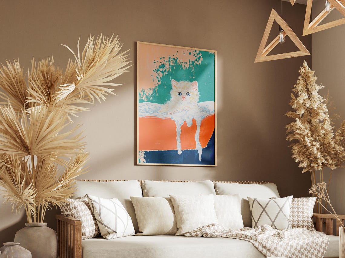 Fluffy White Kitten Bubble Bath Pop Art Cute Bathroom Decor Poster - Image 3
