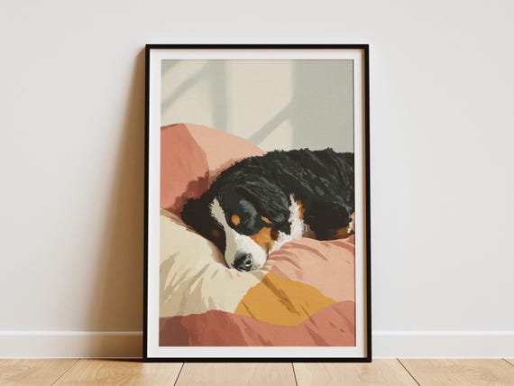 Bernese Mountain Dog Art Print Sleeping Poster Matisse Inspired Abstract Pet Artwork For Home Decor Cozy Canine Wall
