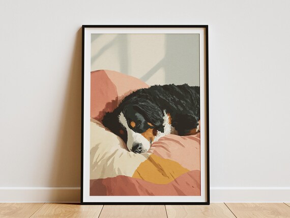 Bernese Mountain Dog Sleeping on Pink Bedding Cozy Pet Art Poster