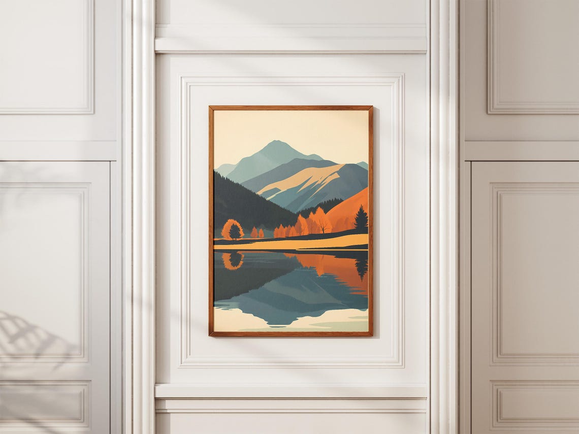 Lake District England Posterautumn Landscape Printmodern Minimalist Lake Mountains Artfall Scenery Wall Decorbritish Nature Illustrationuk - Image 2
