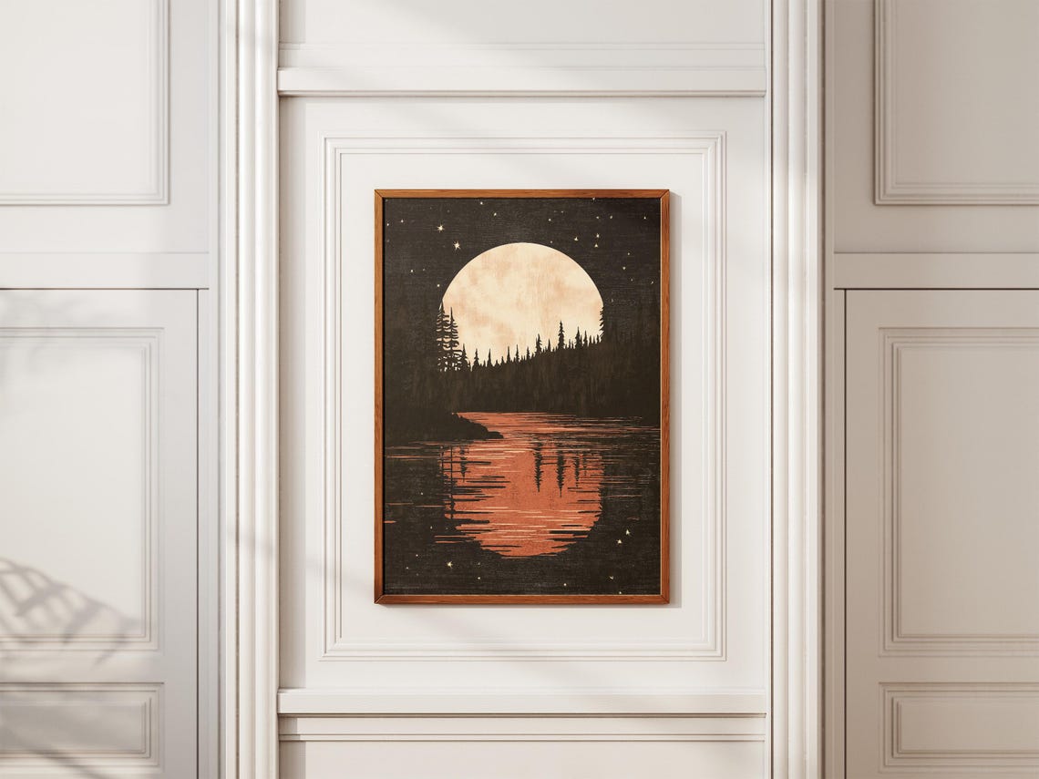 Giant Moonrise Over Pine Forest Lake Night Reflection Poster - Image 2